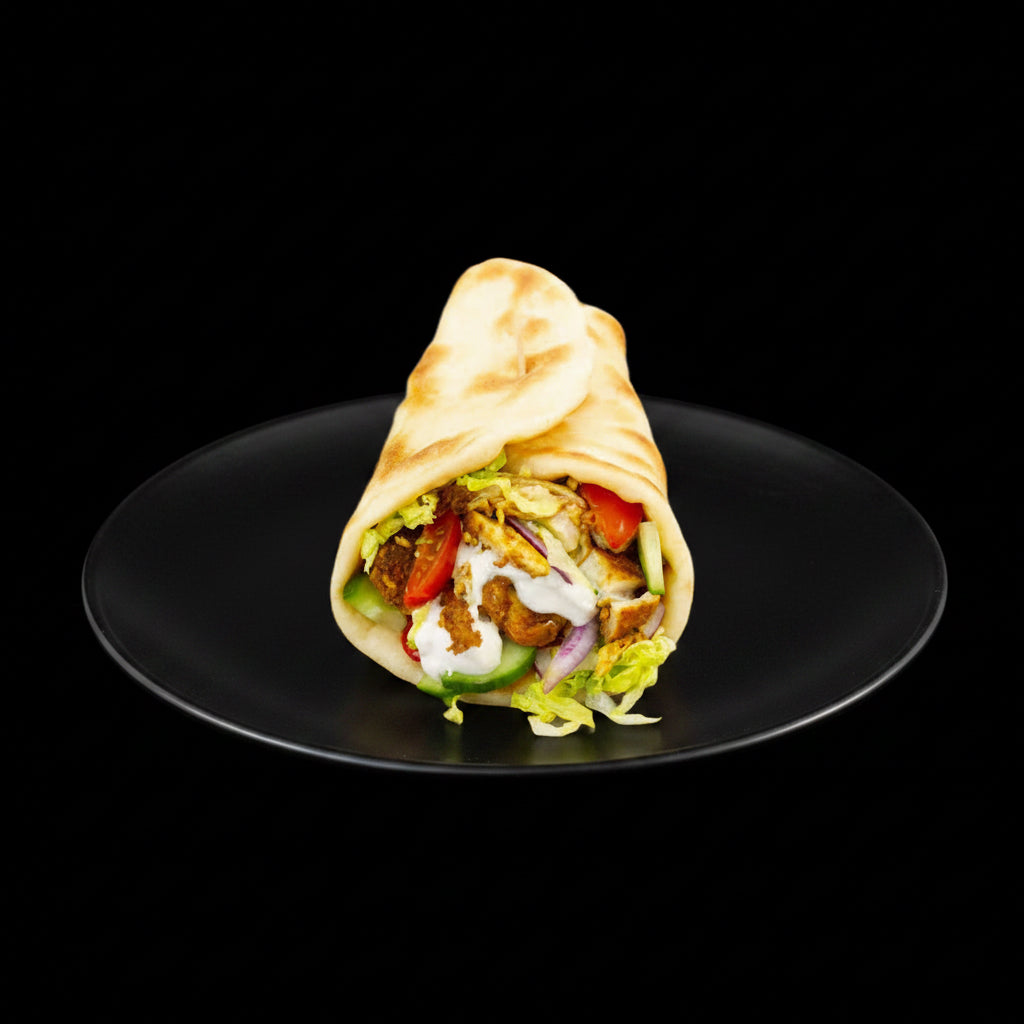 Chicken shawarma wrap on black background