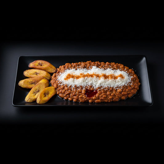 Beans and gari (Yɔɔ ke Gari) with fried ripe plantain