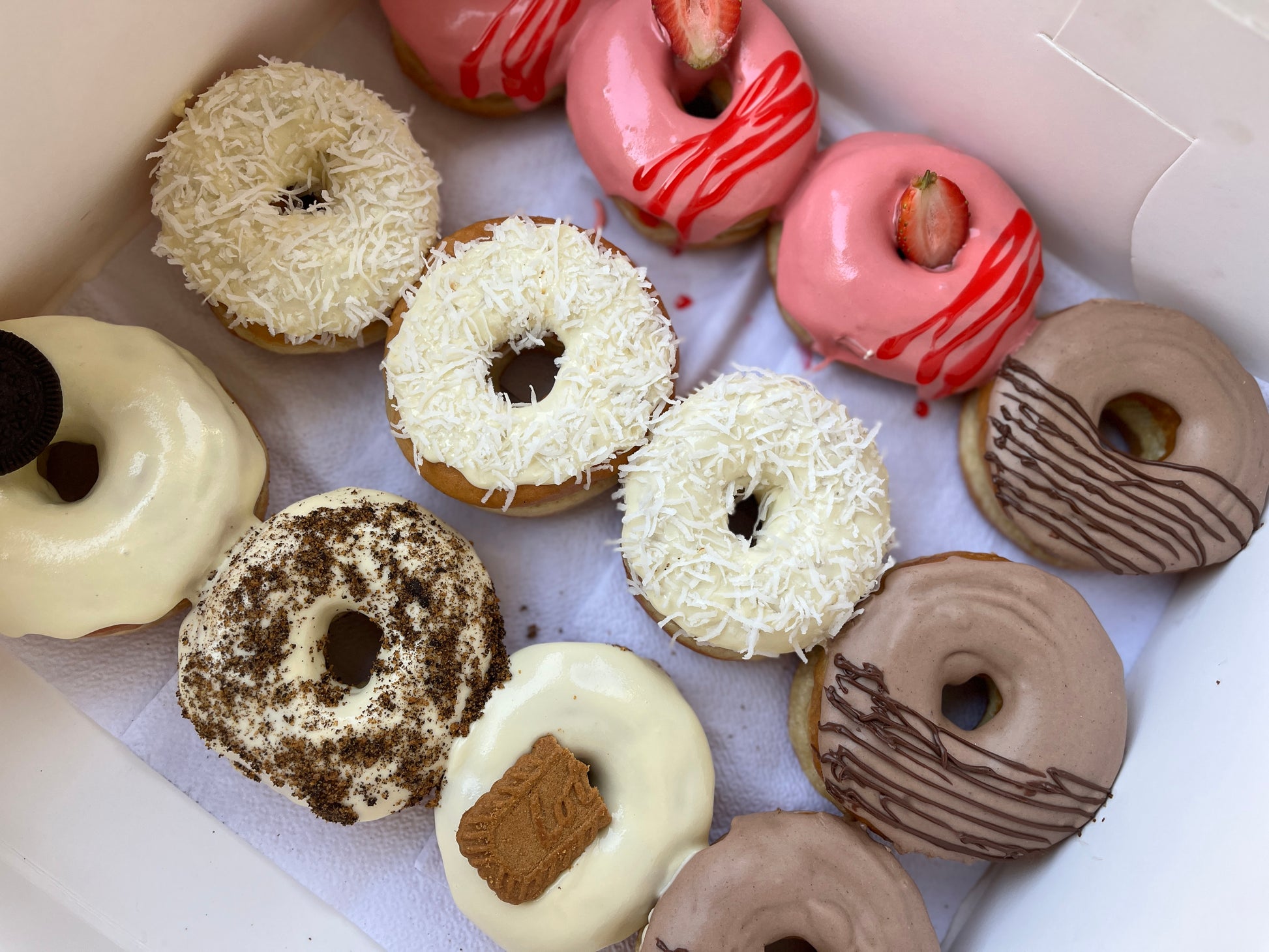Box of assorted glazed ring donuts