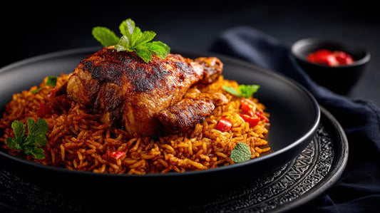 Plate of Ghanaian jollof rice with grilled chicken
