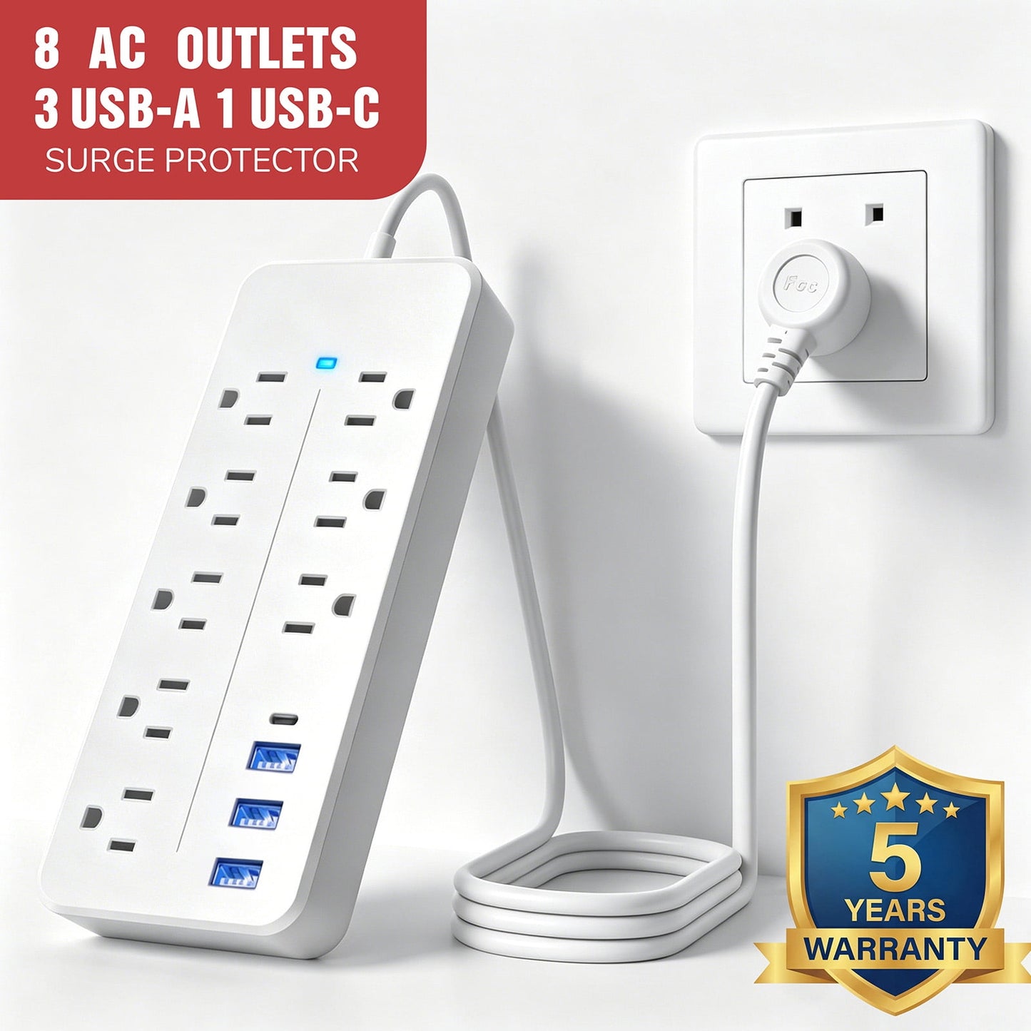 White power strip with outlets and USB ports