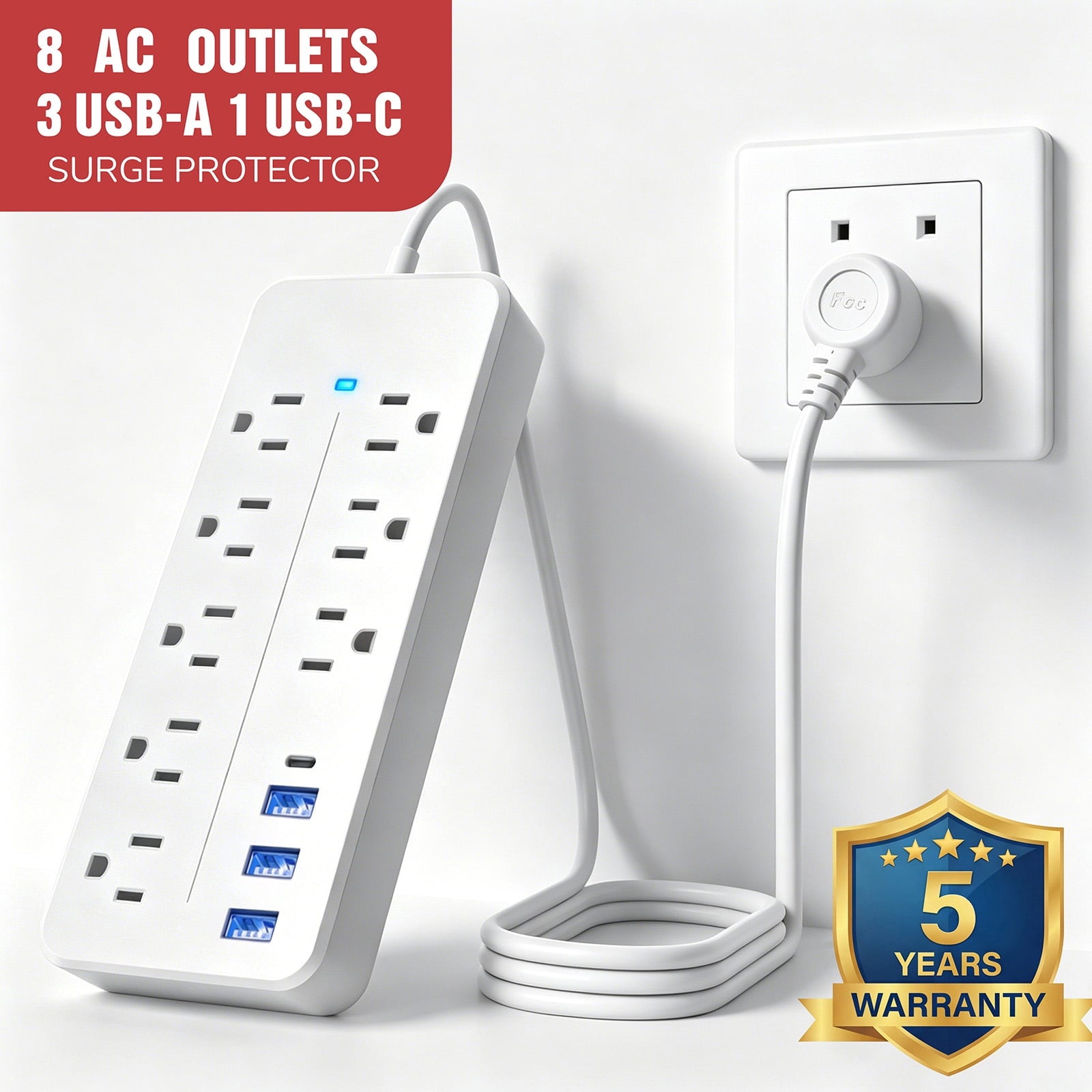 White power strip with outlets and USB ports