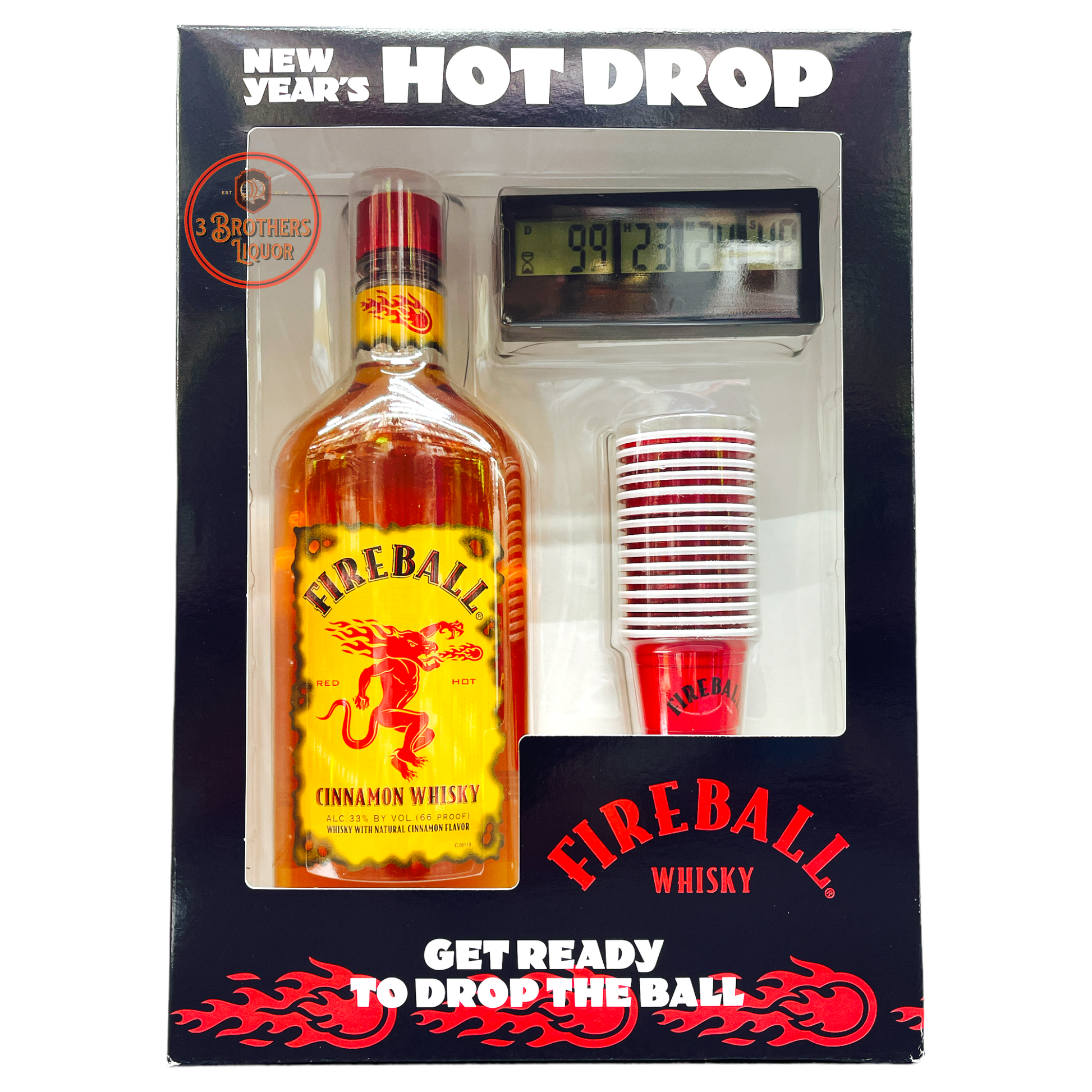 Fireball NYE Hot Drop Edition with timer and shot glasses