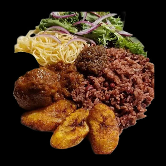 Waakye plate on black background