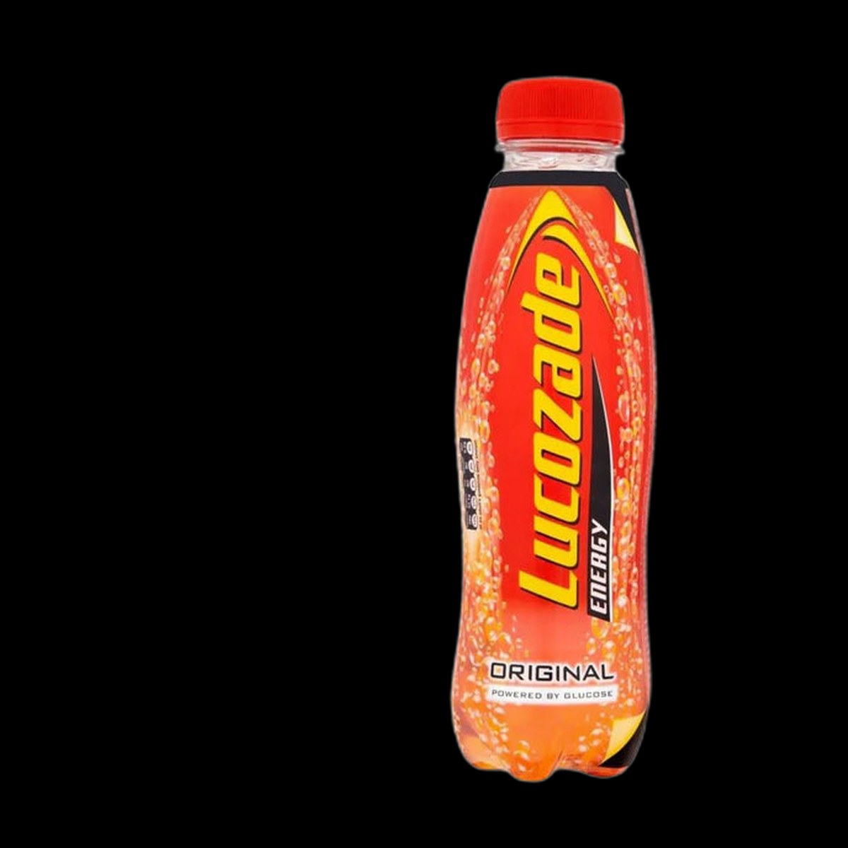 Lucozade energy bottle on black background