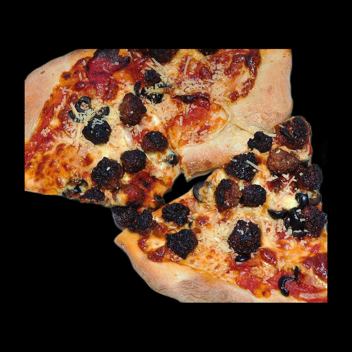 Sausage pizza on black background