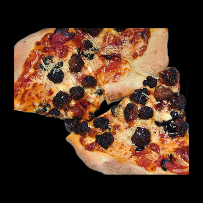 Sausage pizza on black background