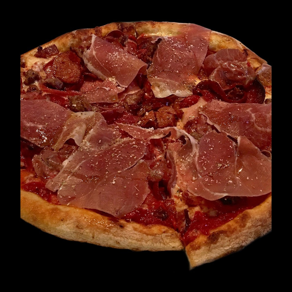 Meat lover pizza on black background