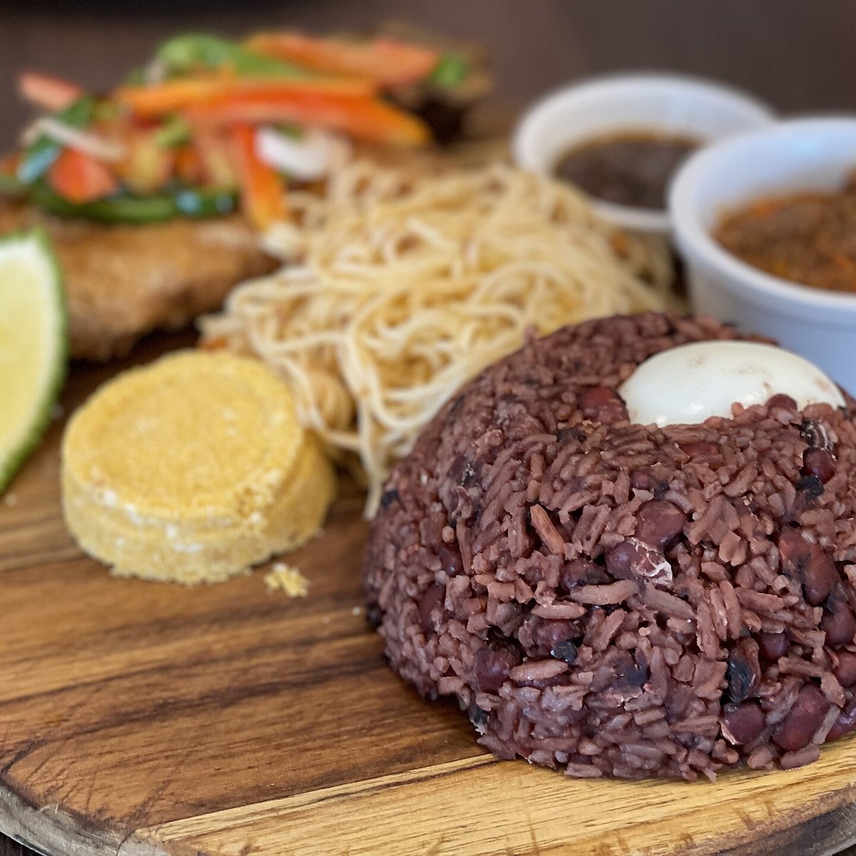 Waakye with egg, spaghetti and shito